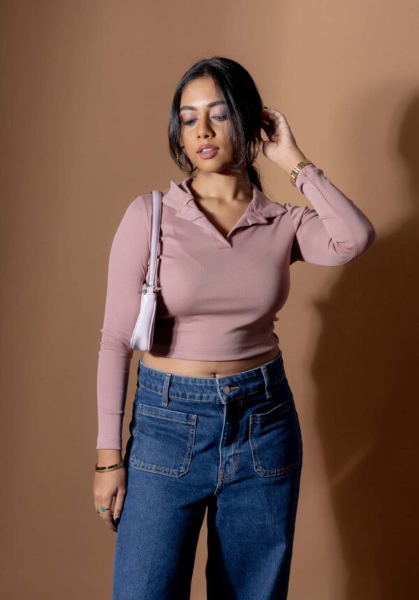 DOWNTOWN LONG- SLEEVE COLLARED CROP TEE - DUSTY ROSE PINK - Image 3