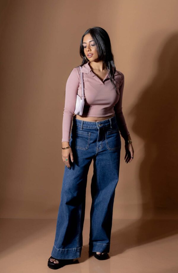DOWNTOWN LONG- SLEEVE COLLARED CROP TEE - DUSTY ROSE PINK - Image 5