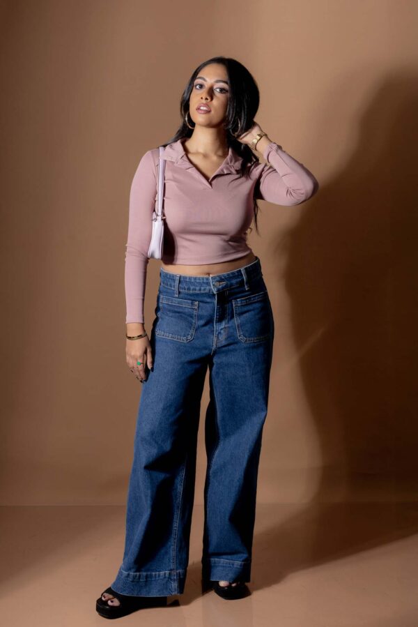 DOWNTOWN LONG- SLEEVE COLLARED CROP TEE - DUSTY ROSE PINK - Image 6