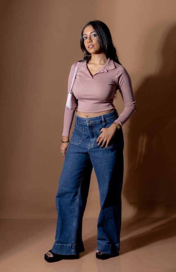 DOWNTOWN LONG- SLEEVE COLLARED CROP TEE - DUSTY ROSE PINK - Image 7