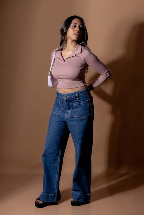 DOWNTOWN LONG- SLEEVE COLLARED CROP TEE - DUSTY ROSE PINK - Image 8