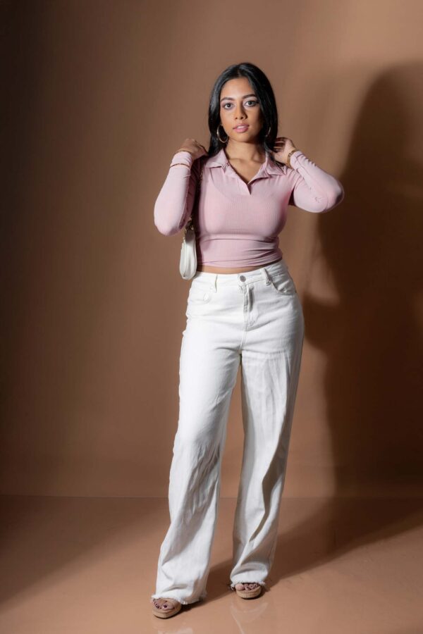 DOWNTOWN LONG- SLEEVE COLLARED CROP TEE - SWEET PINK - Image 4