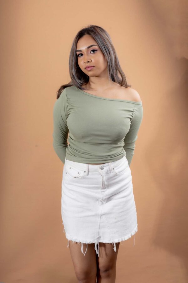 DOWNTOWN LONG- SLEEVE ASYMMETRICAL NECKLINE PLEATED T-SHIRT - SAGE GREEN