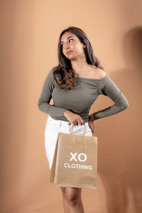 DOWNTOWN LONG- SLEEVE ASYMMETRICAL NECKLINE PLEATED T-SHIRT - ARMY GREEN